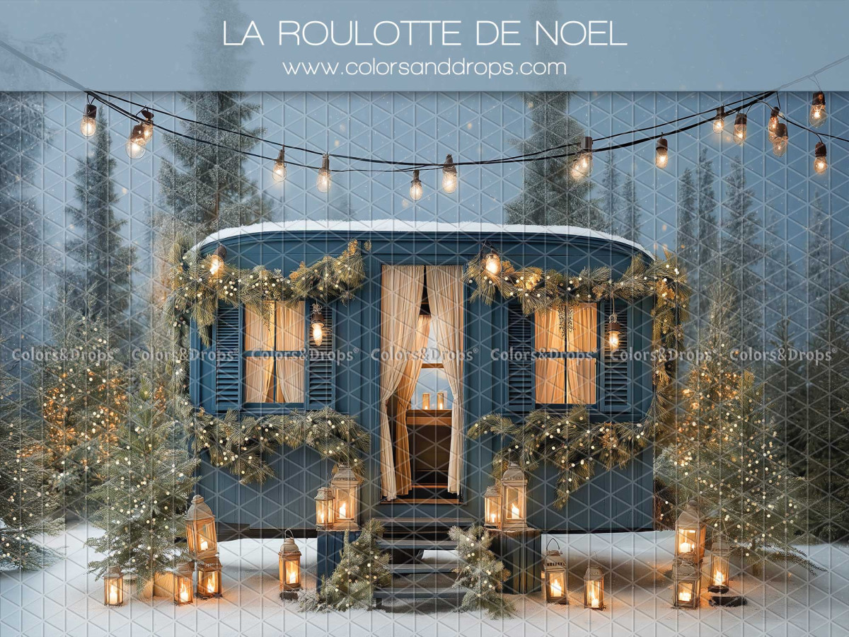Fond photo La Roulotte de Noel – roulotte de Noël bleue avec guirlandes lumineuses | Colors&Drops