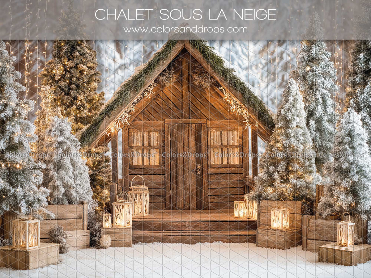 Fondo fotográfico de Navidad Chalet Sous la Neige – chalet de madera bajo la nieve con faroles | Colors&Drops