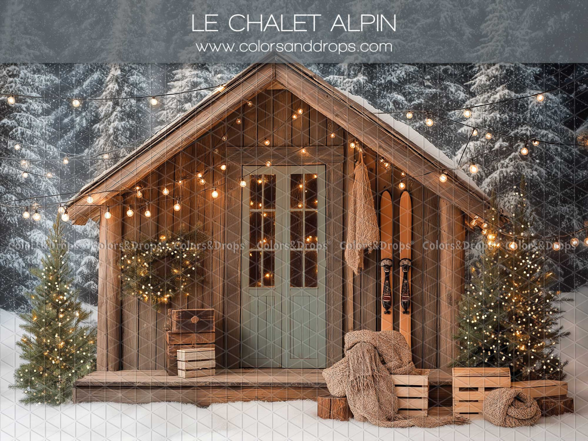 Christmas photo backdrop Le Chalet Alpin – wooden alpine chalet with green door | Colors&Drops