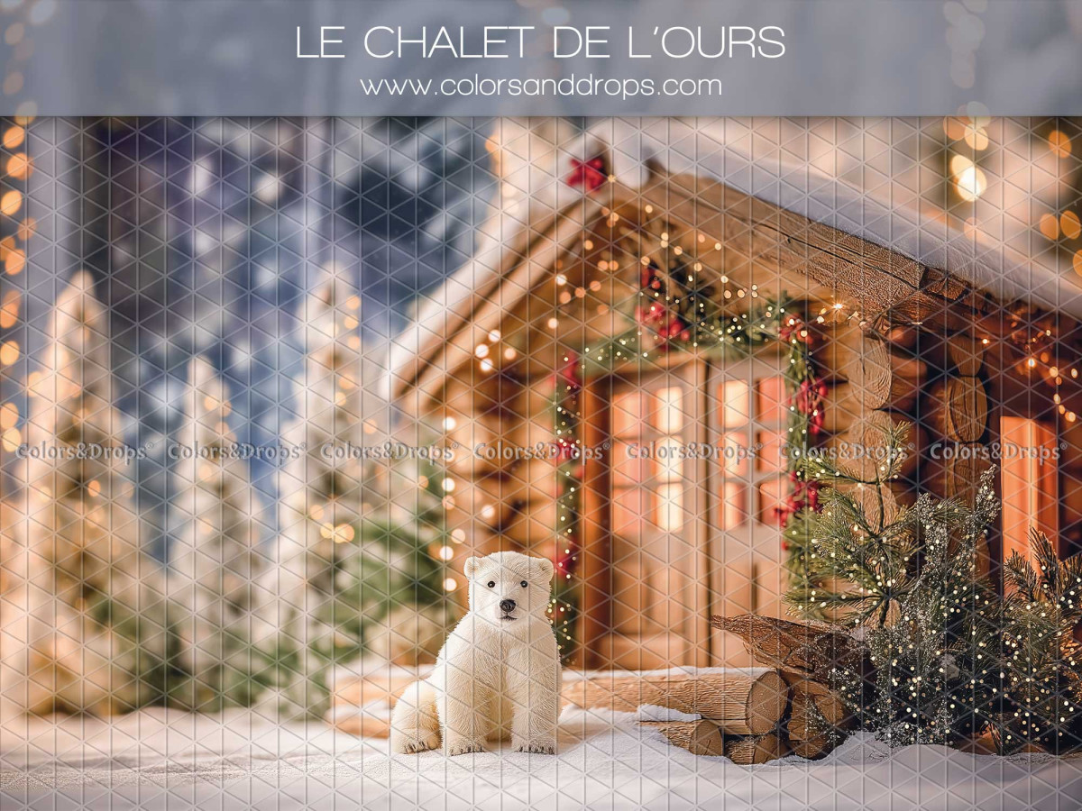 Christmas photo backdrop Lechaletdelours – log cabin with plush polar bear | Colors&Drops