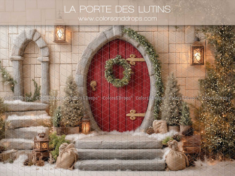 Christmas photo backdrop La Porte des Lutins – round red elf door with steps | Colors&Drops