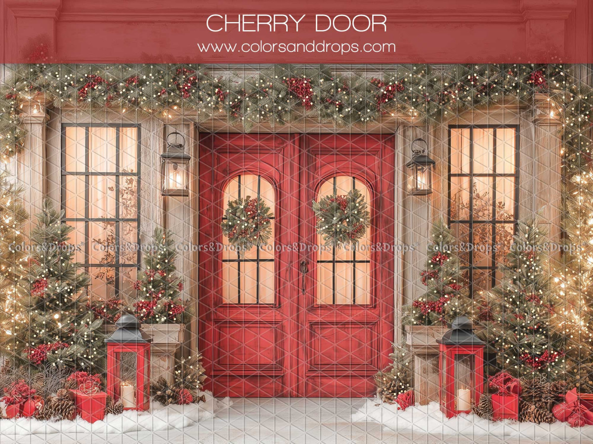 Fondo fotográfico de Navidad Cherry Door – puerta doble roja con coronas navideñas | Colors&Drops