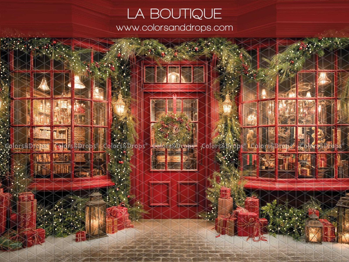 Christmas photo backdrop La Boutique – red Christmas shop with display windows | Colors&Drops