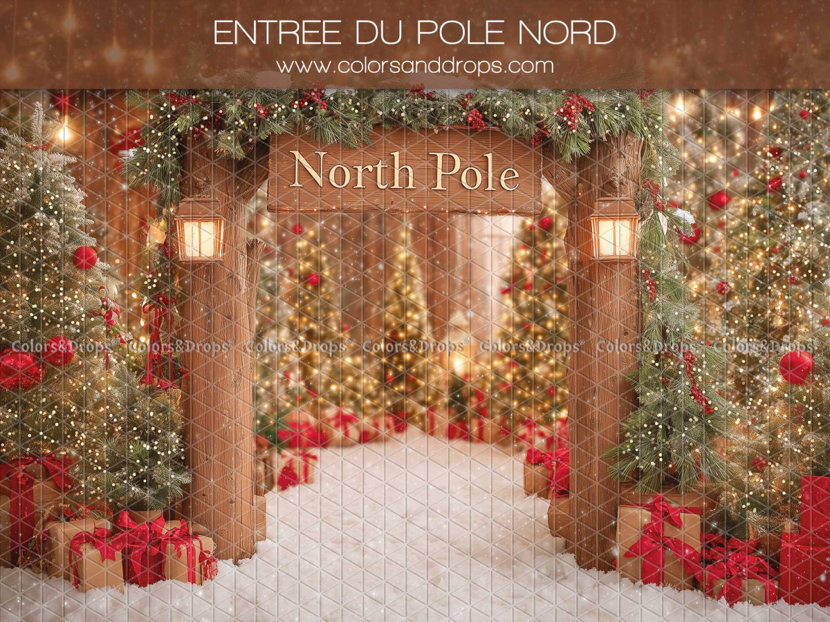 Fondo fotográfico de Navidad Entree du Pole Nord – entrada del Polo Norte con abetos y regalos | Colors&Drops