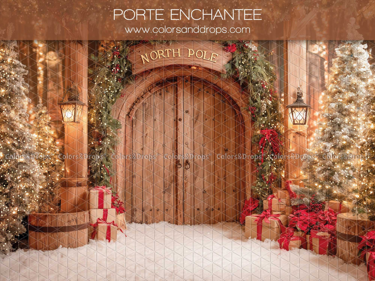 Christmas photo backdrop Porte Enchantee – arched wooden door with gifts and Christmas trees | Colors&Drops