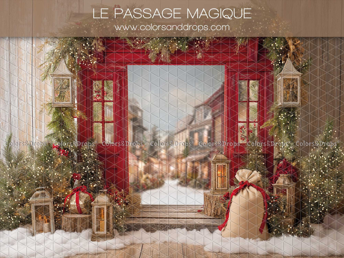 Christmas photo backdrop Le Passage Magique – red passage to a snowy Christmas street | Colors&Drops