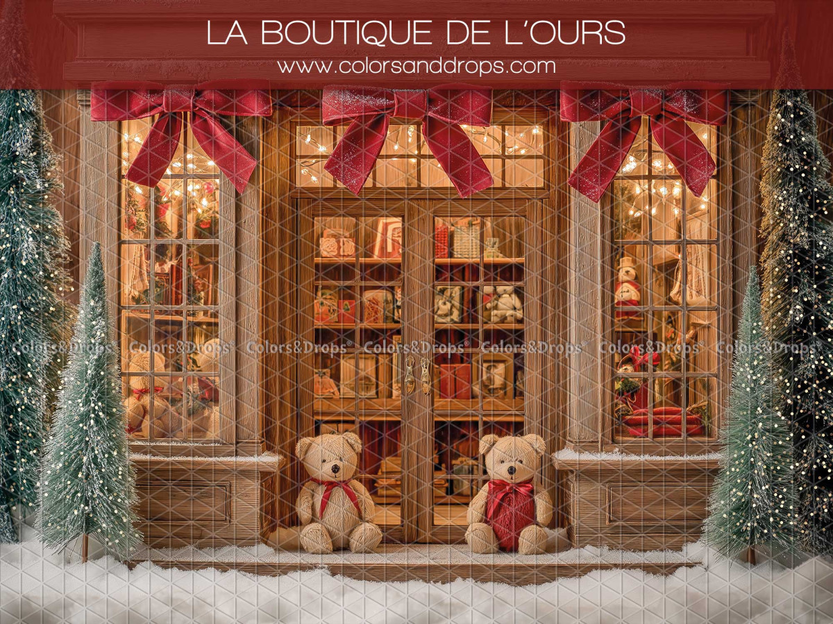Christmas photo backdrop La Boutique de L'Ours – bear shop with red bows and teddy bears | Colors&Drops