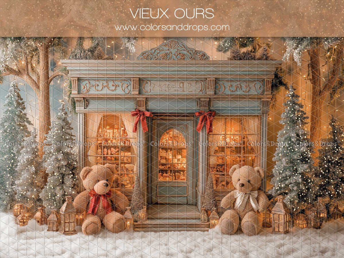 Fond photo de Noël Vieux Ours – boutique vintage bleue avec ours en peluche | Colors&Drops