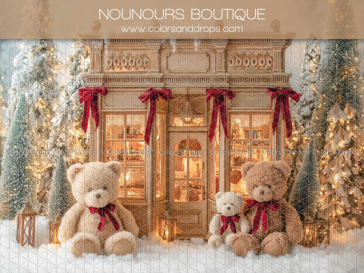 Fond photo de Noël Nounours Boutique – boutique de nounours avec nœuds rouges enneigée | Colors&Drops