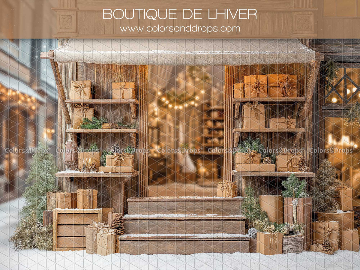Fondo fotográfico de Navidad Boutique de L'Hiver – tienda de invierno con estantes y escalones | Colors&Drops