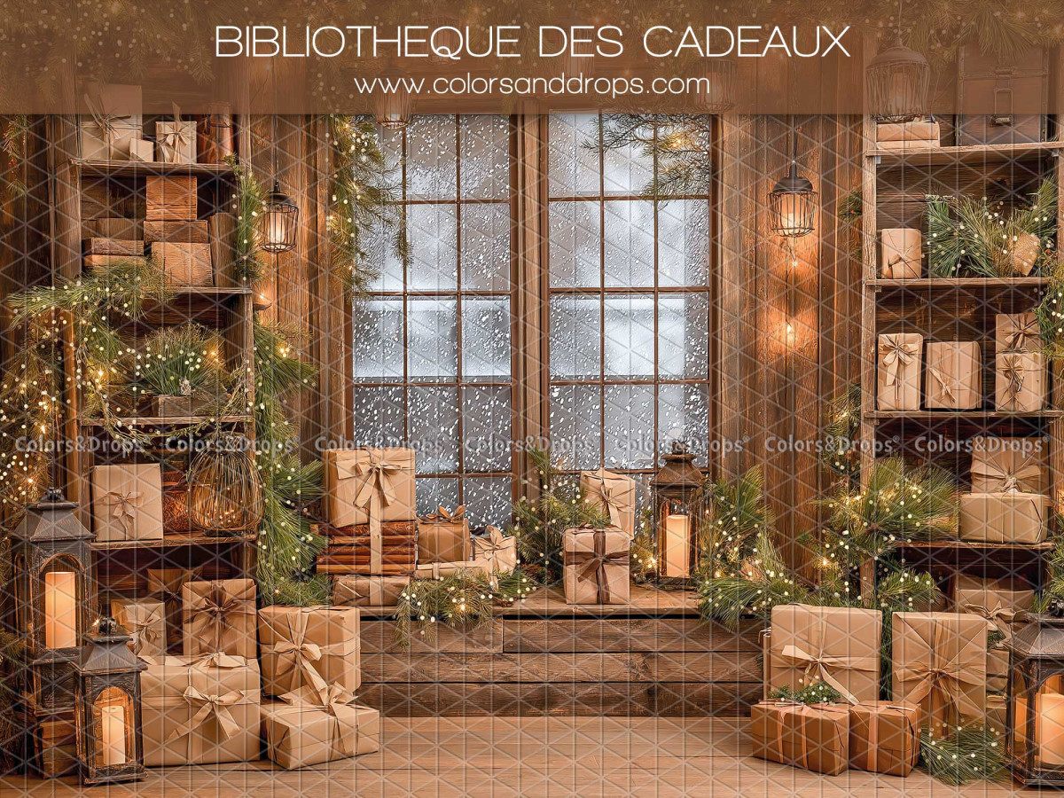 Christmas photo backdrop Bibliotheque des Cadeaux – wooden bookcase with kraft paper gifts | Colors&Drops
