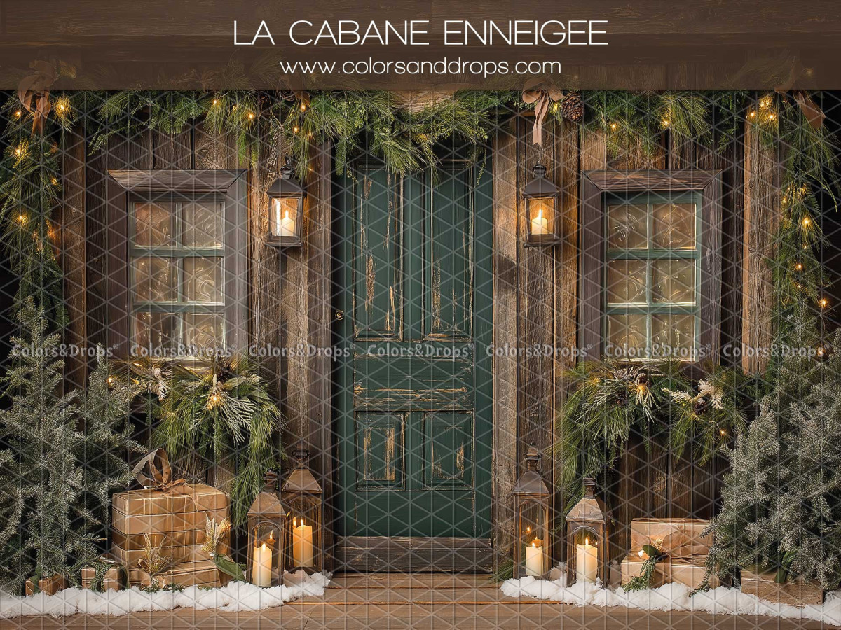 Fondo fotográfico de Navidad La Cabane Enneigee – cabaña de madera nevada con puerta verde | Colors&Drops