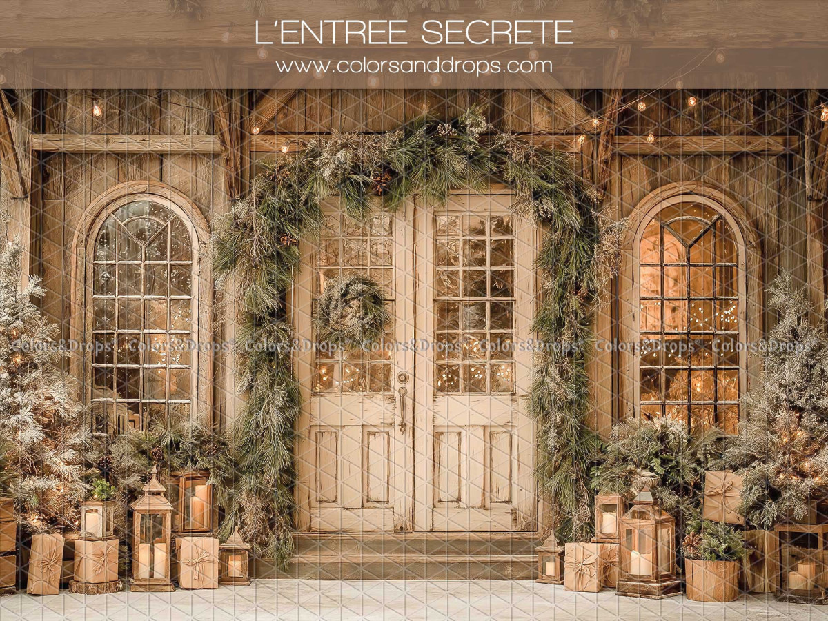 Fond photo de Noël L'Entree Secrete – double porte en bois avec guirlande et cadeaux | Colors&Drops