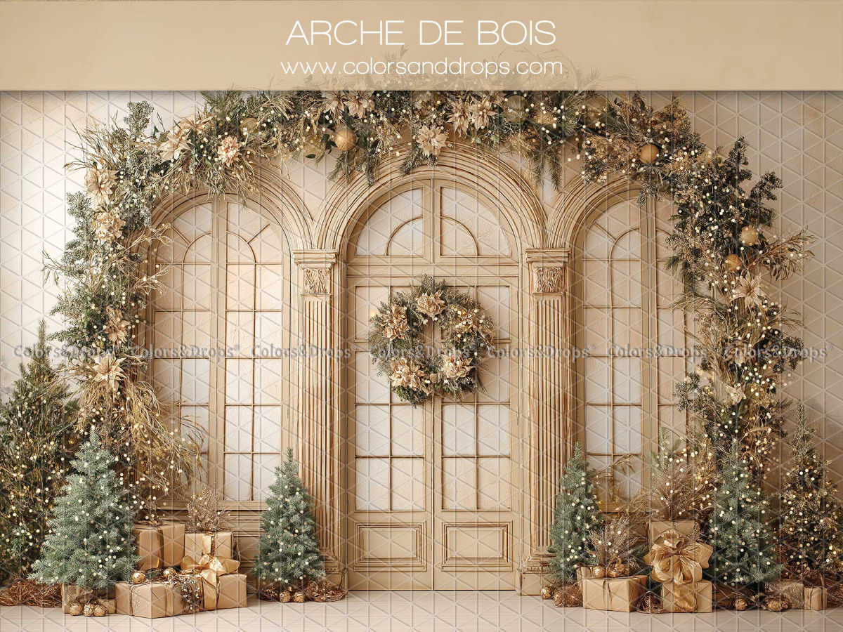 Fond photo de Noël Arche de Bois – arche en bois avec portes-fenêtres et couronne | Colors&Drops