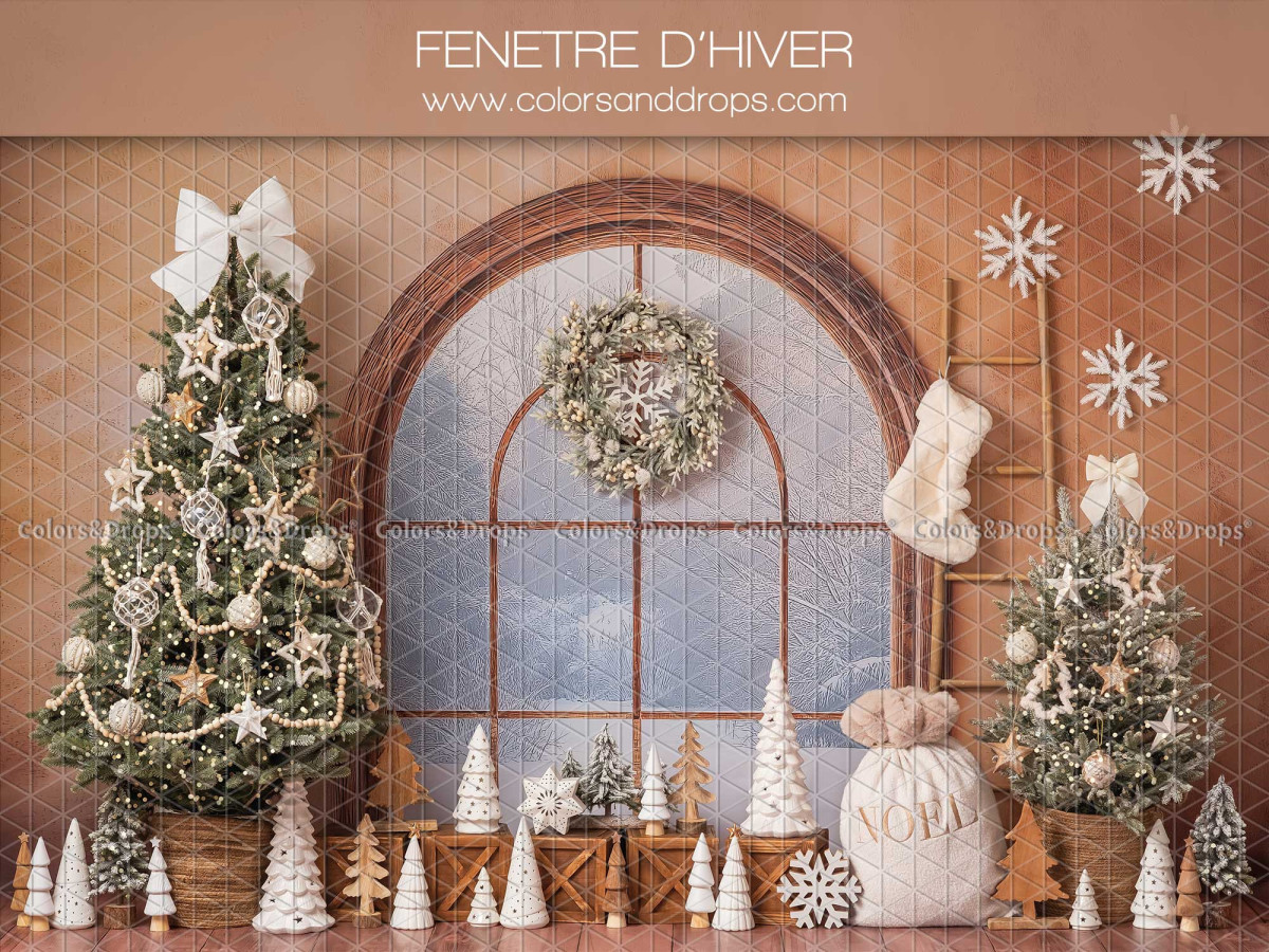 Fond photo de Noël Fenetre D'Hiver – fenêtre cintrée avec sapin et chaussette de Noël | Colors&Drops