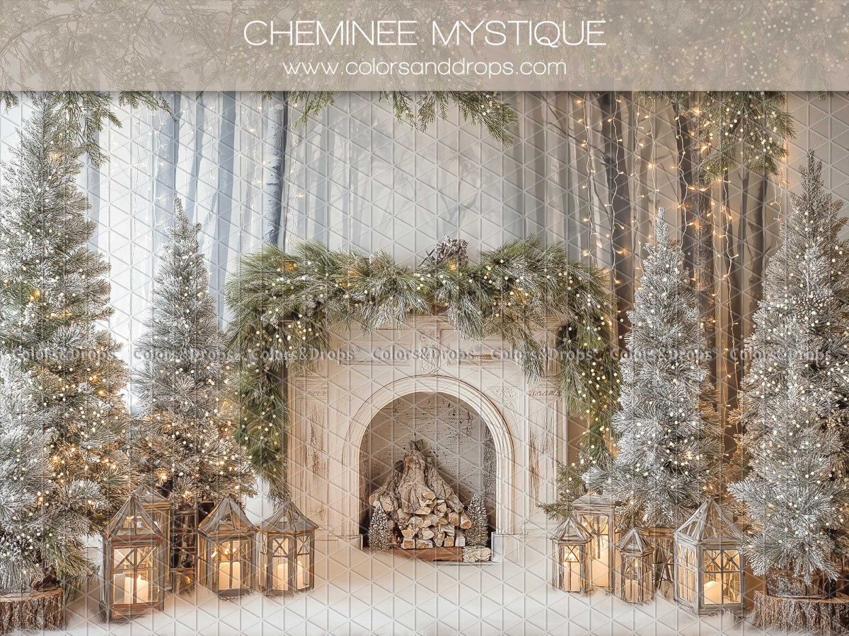 Fond photo de Noël Cheminee Mystique – cheminée blanche dans une forêt enneigée | Colors&Drops
