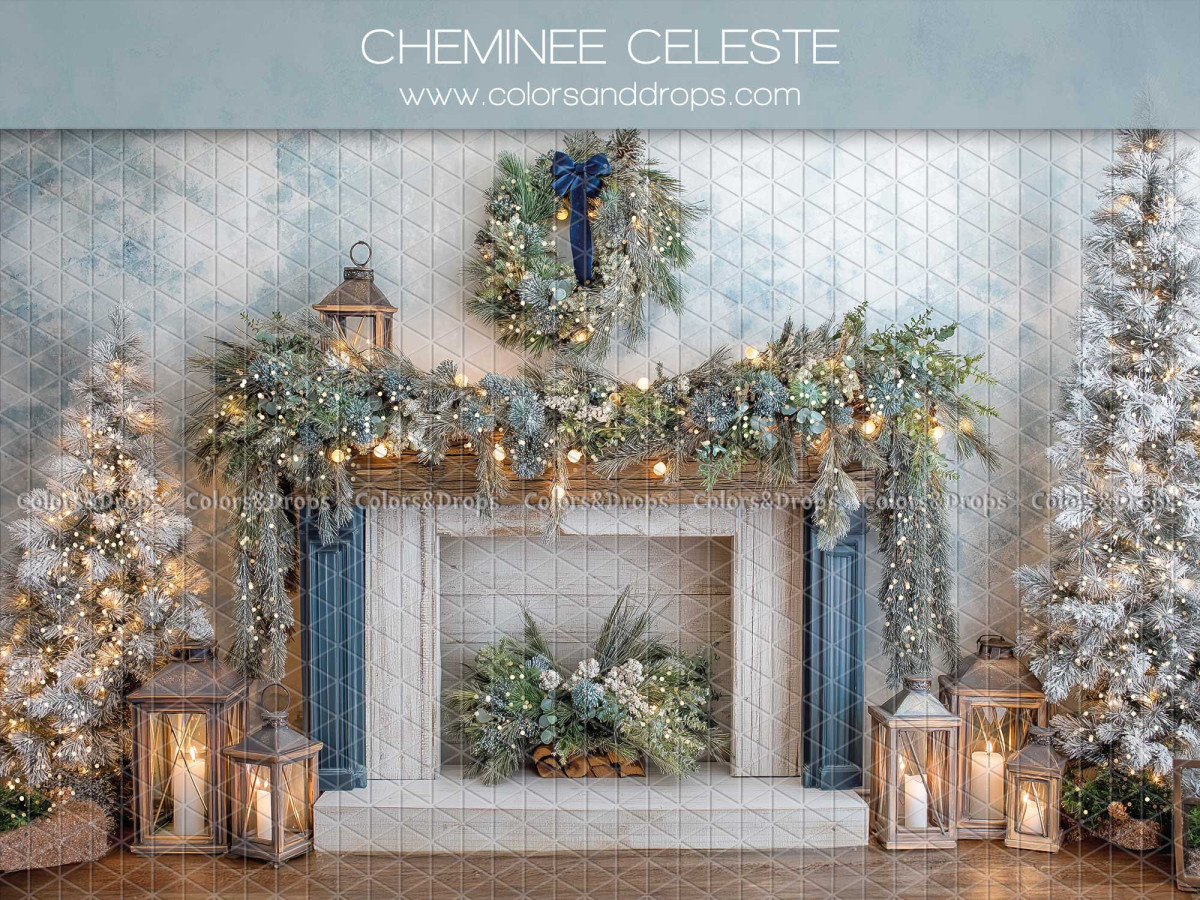 Christmas photo backdrop Cheminee Celeste – white fireplace with garland and wreath | Colors&Drops