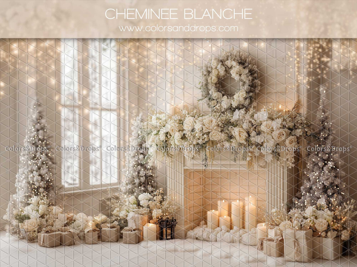 Christmas photo backdrop Cheminee Blanche – white fireplace with wreath and candles | Colors&Drops