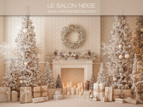 Fondo fotográfico de Navidad Le Salon Neige – salón blanco con chimenea y abetos nevados | Colors&Drops