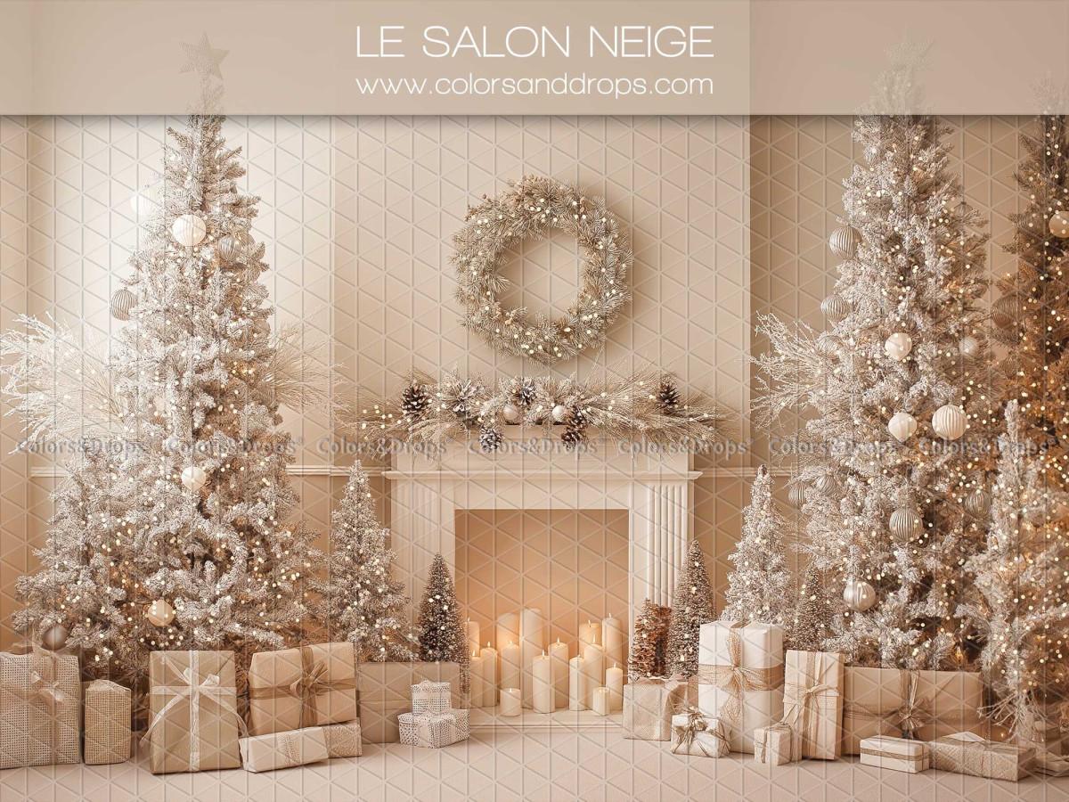 Fondo fotográfico de Navidad Le Salon Neige – salón blanco con chimenea y abetos nevados | Colors&Drops