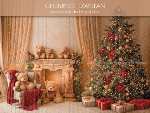 Fond photo de Noël Cheminee D'Antan – cheminée ancienne avec sapin et ours en peluche | Colors&Drops