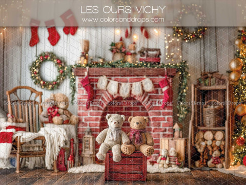 Fond photo de Noël Les Ours Vichy – cheminée en brique avec ours et tissu vichy | Colors&Drops