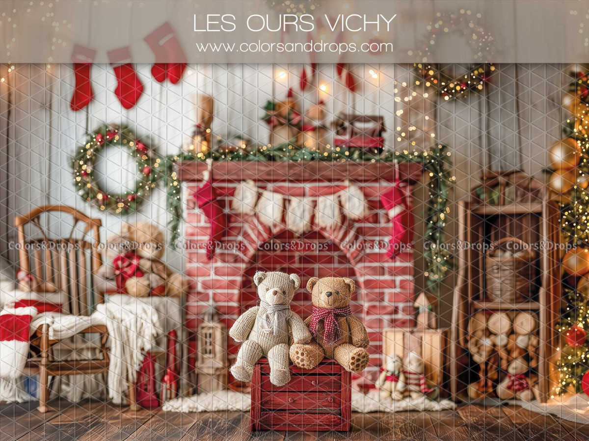 Fond photo de Noël Les Ours Vichy – cheminée en brique avec ours et tissu vichy | Colors&Drops