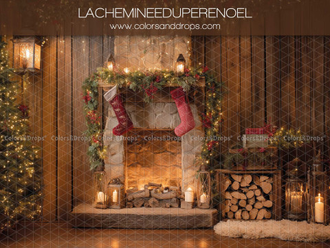 Photo backdrop La Cheminee du Pere Noel – stone fireplace with Christmas stockings | Colors&Drops