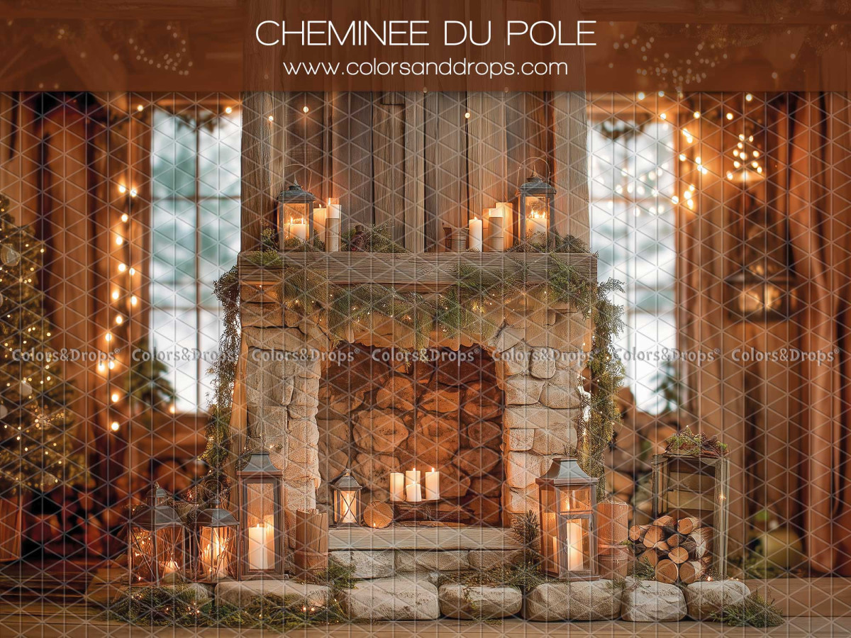 Fond photo de Noël Cheminee du Pole – cheminée en pierre dans un chalet en bois | Colors&Drops