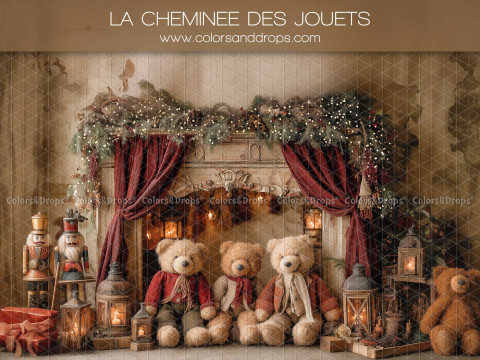 Christmas photo backdrop La Cheminee des Jouets – fireplace with toy bears and nutcrackers | Colors&Drops