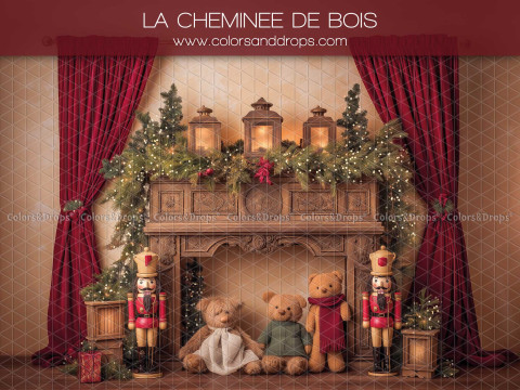 Fond photo de Noël La Cheminee de Bois – cheminée en bois avec rideaux rouges et jouets | Colors&Drops