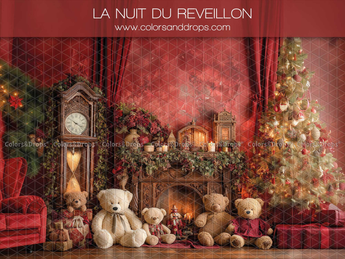 Christmas photo backdrop La Nuit du Reveillon – red Christmas Eve lounge with clock and bears | Colors&Drops