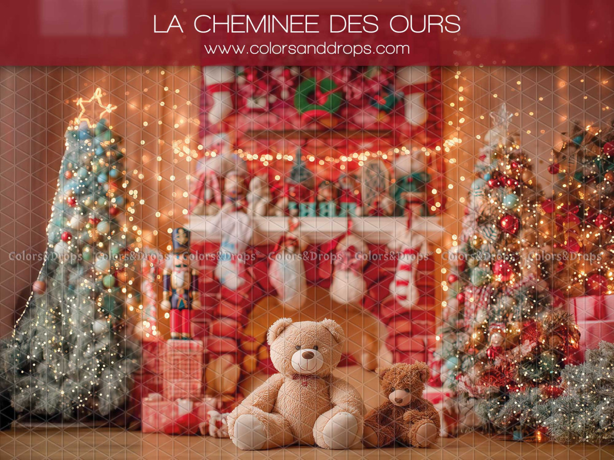 Christmas photo backdrop La Cheminee des Ours – red brick fireplace with bears and trees | Colors&Drops
