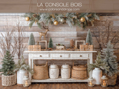 Fond photo de Noël La Console Bois – console en bois blanc avec paniers et sapins | Colors&Drops