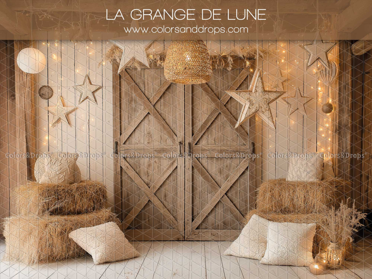 Christmas photo backdrop La Grange de Lune – wooden barn with doors and rattan stars | Colors&Drops