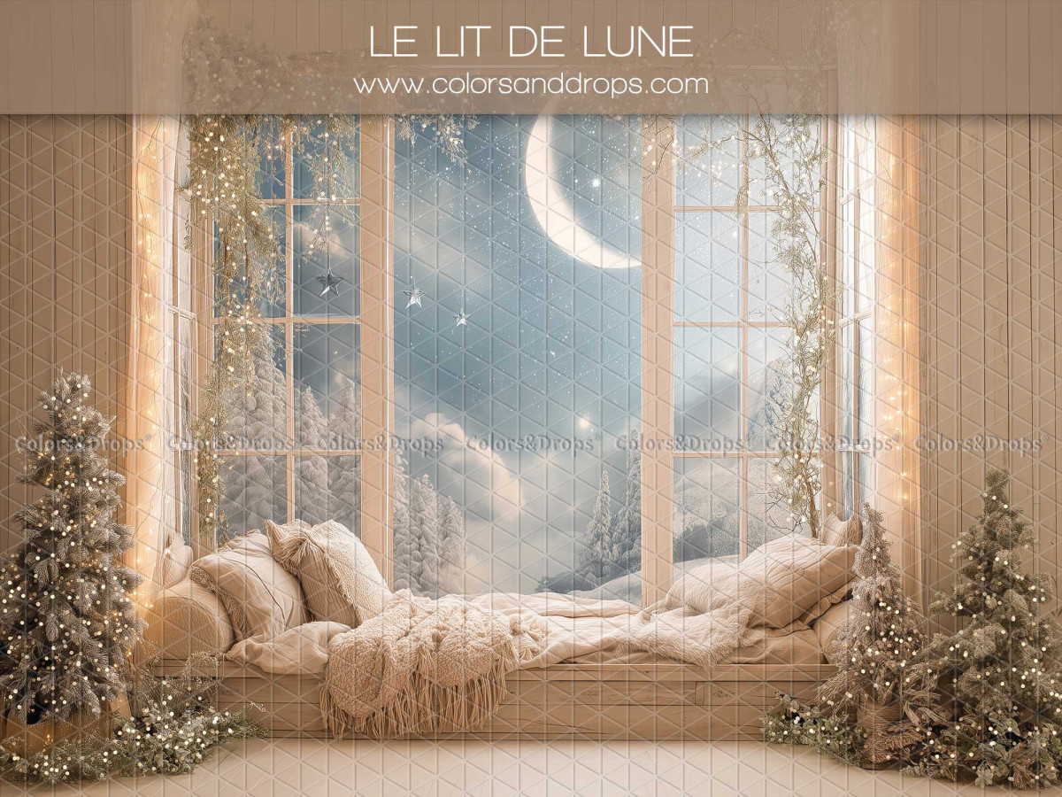 Christmas photo backdrop Le Lit de Lune – window seat with moon and fir trees | Colors&Drops