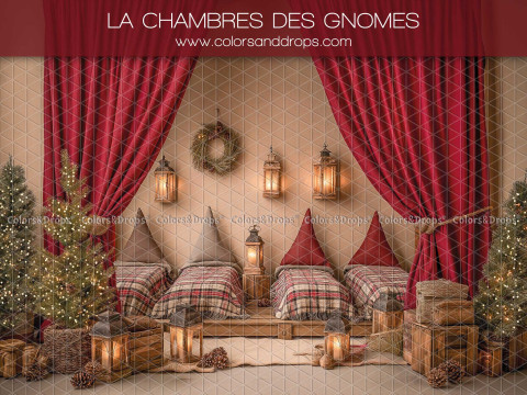 Fondo fotográfico de Navidad La Chambres des Gnomes – dormitorio de gnomos con camas y cortinas rojas | Colors&Drops