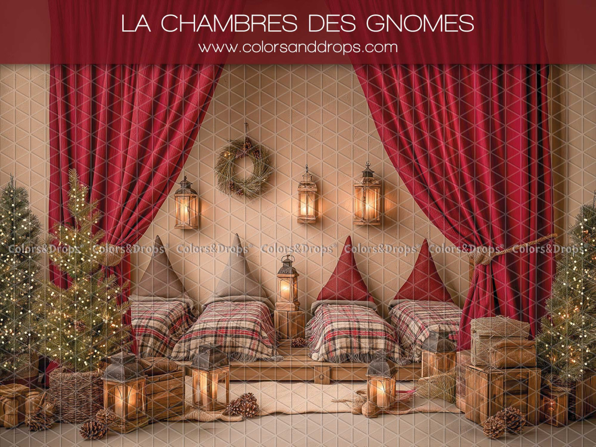 Fond photo de Noël La Chambres des Gnomes – chambre des gnomes avec lits et rideaux rouges | Colors&Drops