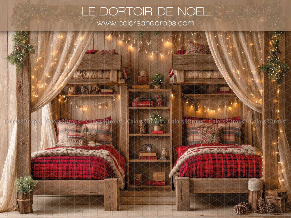 Photo backdrop Le Dortoir de Noel – Christmas dormitory with wooden bunk beds | Colors&Drops