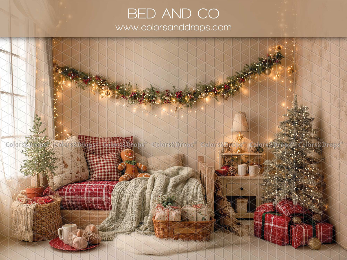 Christmas photo backdrop Bed and Co – bed with red throw and string lights | Colors&Drops