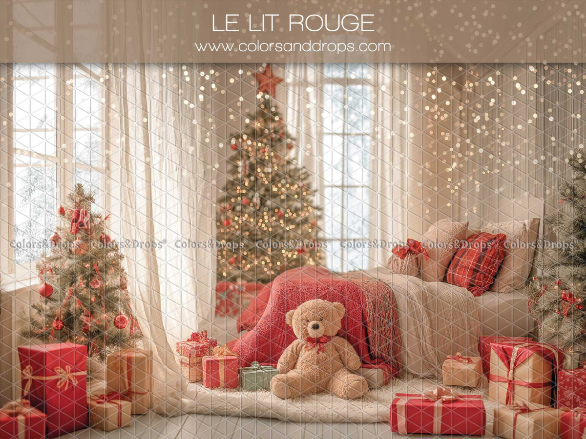 Fond photo de Noël Le Lit Rouge – lit rouge avec ours et sapin de Noël | Colors&Drops
