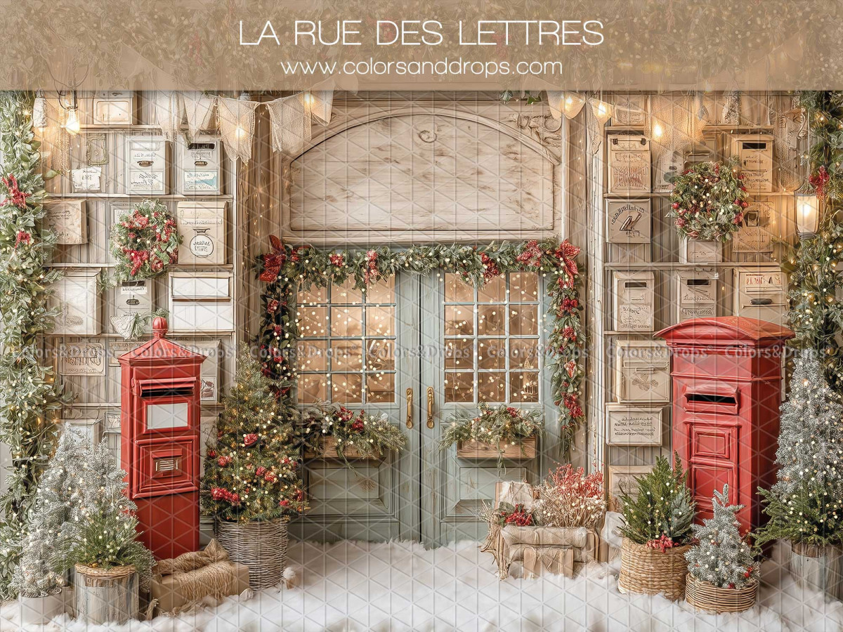 Christmas photo backdrop La Rue des Lettres – letters street with red mailboxes | Colors&Drops