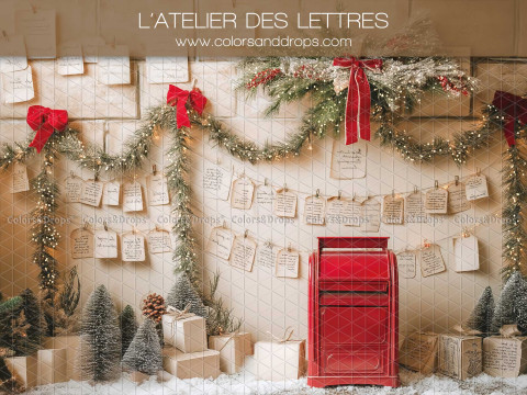 Christmas photo backdrop L'Atelier des Lettres – letters workshop with red mailbox and garland | Colors&Drops