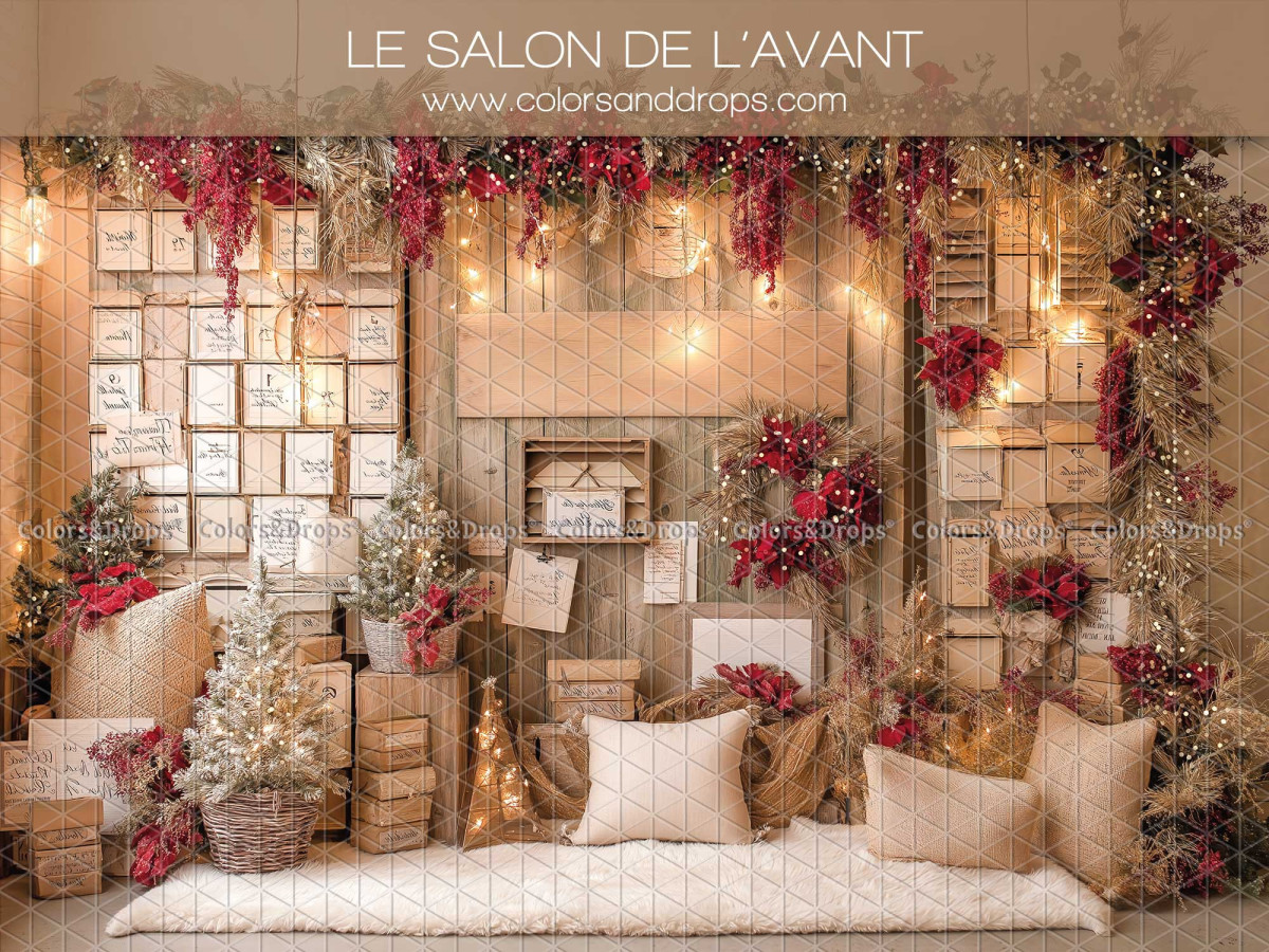 Christmas photo backdrop Le Salon de L'Avant – advent lounge with envelopes and cushions | Colors&Drops