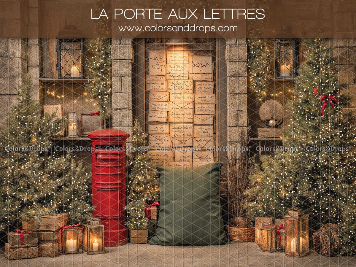 Fond photo de Noël La Porte aux Lettres – porte aux lettres avec boîte rouge et sapins | Colors&Drops
