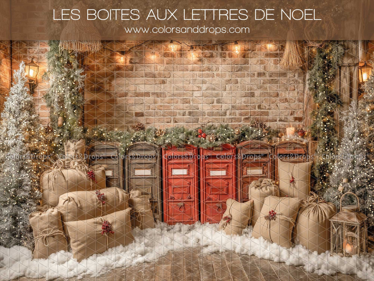 Photo backdrop Les Boites aux Lettres de Noel – red mailboxes and mail sacks | Colors&Drops