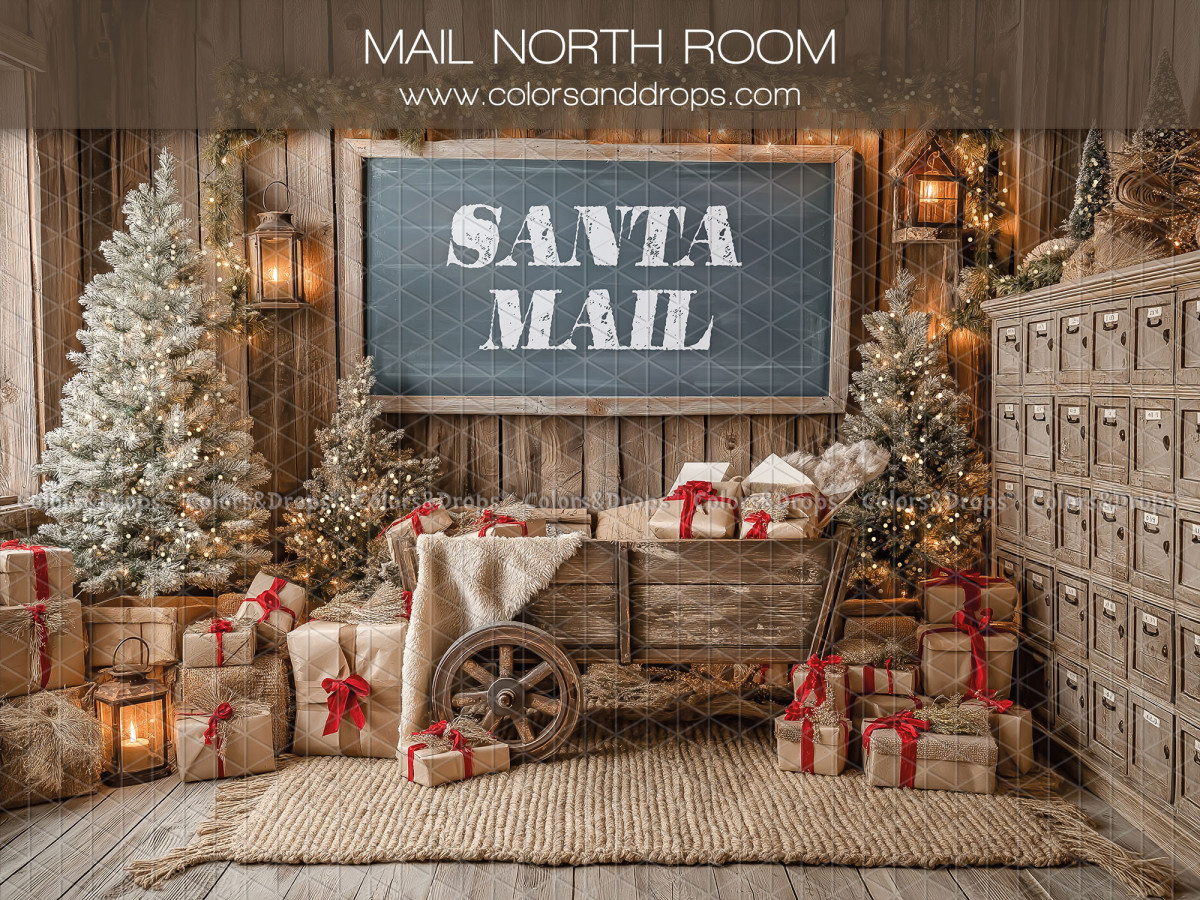 Fond photo de Noël Mail North Room – salle du courrier du Père Noël avec ardoise | Colors&Drops