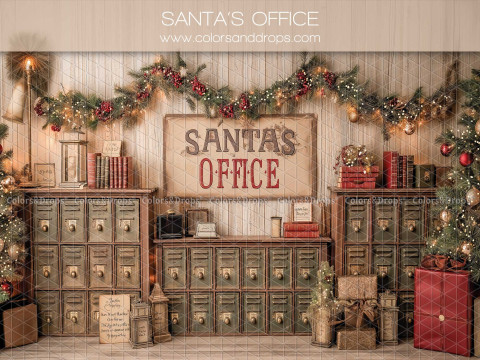 Fond photo de Noël Santa's Office – bureau du Père Noël avec casiers en bois | Colors&Drops