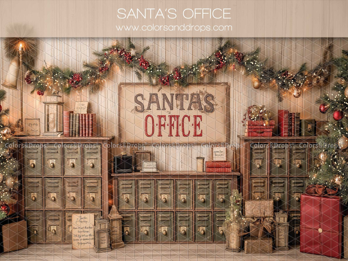 Fond photo de Noël Santa's Office – bureau du Père Noël avec casiers en bois | Colors&Drops