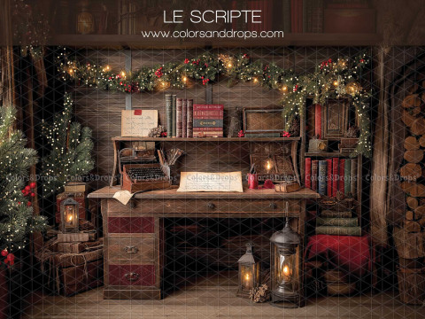 Fond photo de Noël Le Scripte – bureau en bois avec machine à écrire et lanternes | Colors&Drops